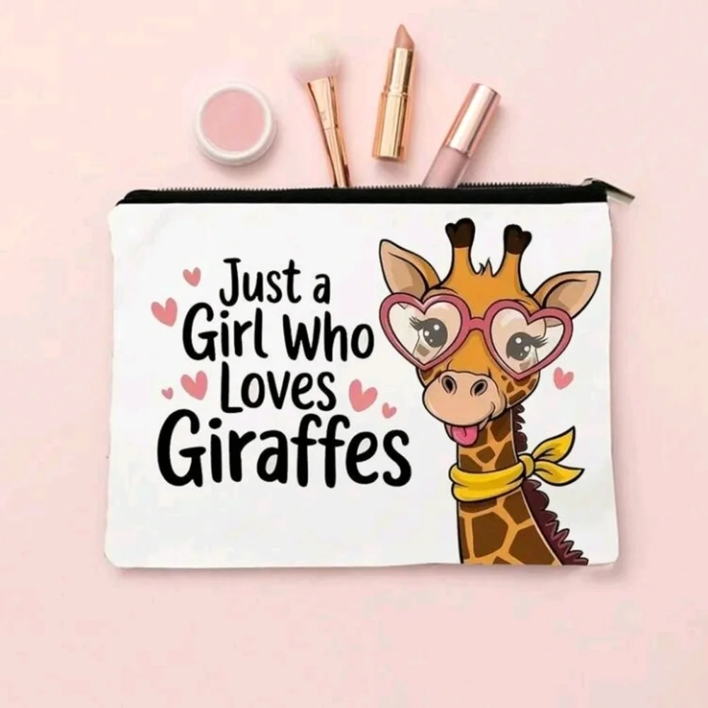 Just A Girl Who Loves Giraffes White Cosmetic Bag Giraffe Print Zip Pouch Purse